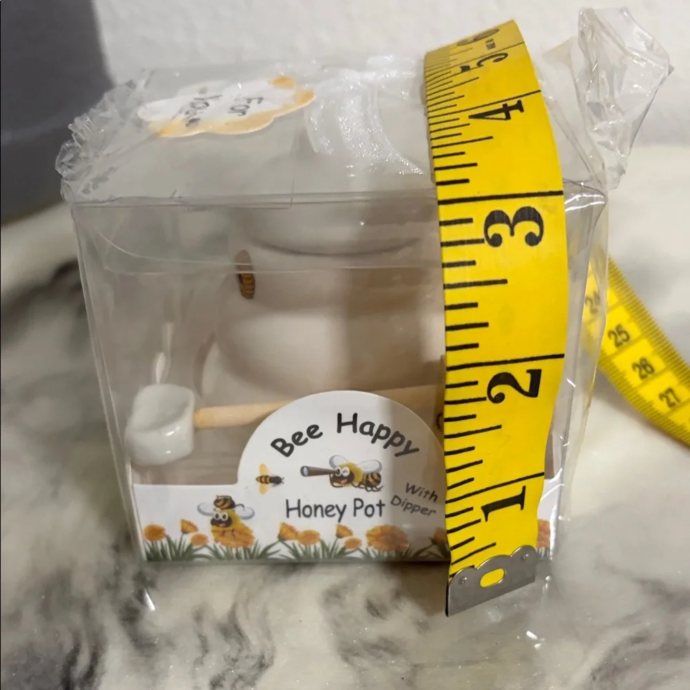 Bee Happy Honey Pot with Dipper - White Ceramic set of 12